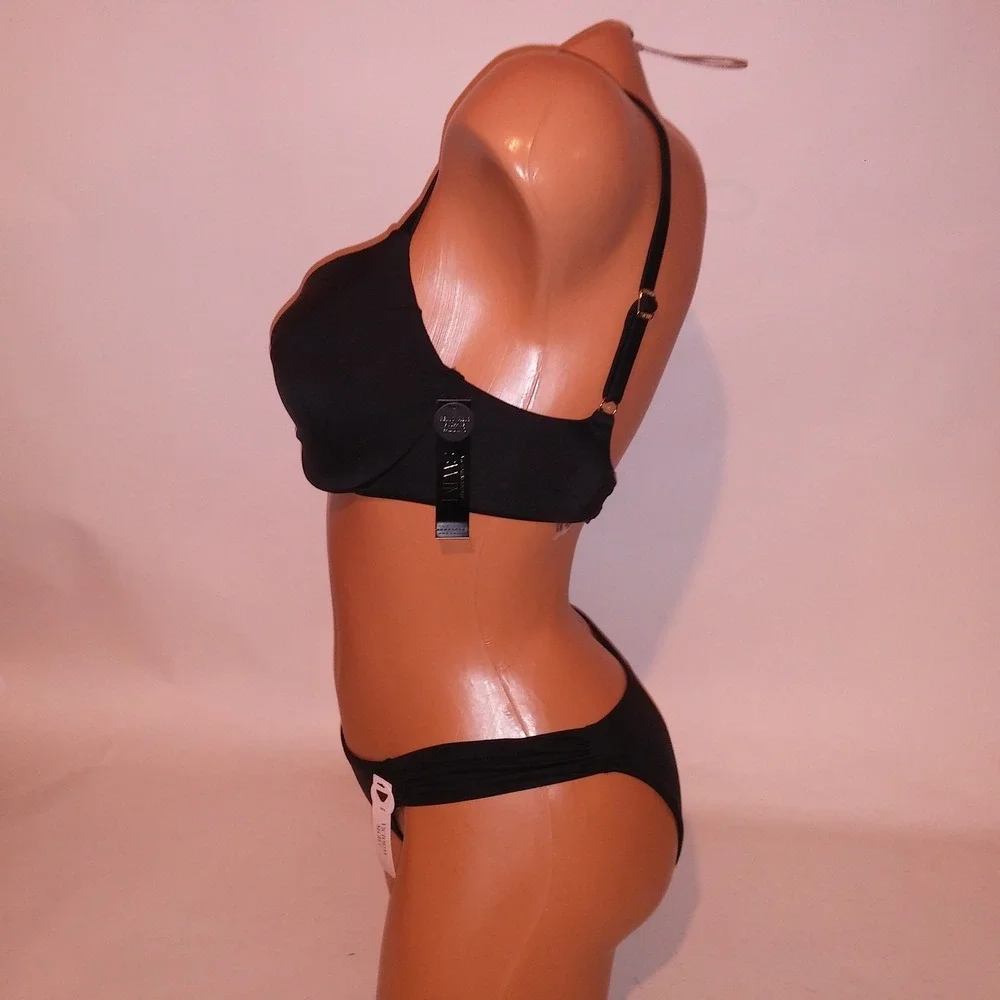 Victoria Secret Swim Bikini 32DD Top XS Bottom Solid Black Push Up New